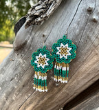 Handmade MultiColor Beaded Dangle Earrings (Green, White, & Gold)