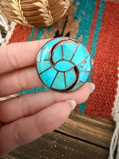 Old Pawn Handcrafted Turquoise and Sterling Silver Inlay Brooch