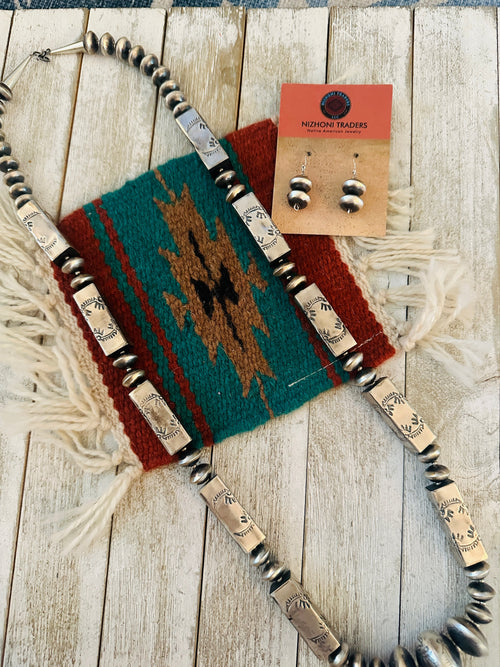 Navajo Hand Stamped Sterling Silver Beaded Necklace & Earring Set