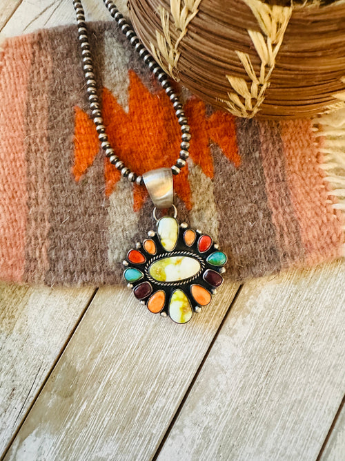 Navajo Electric Rainbow Turquoise, Spiny & Sterling Silver Cluster Pendant by Angela Martin
