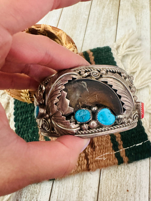 Old Pawn Navajo Turquoise, Coral & Sterling Silver Cuff Bracelet