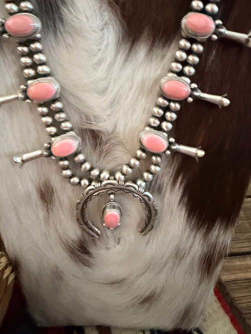 Handcrafted Queen Pink Conch & Sterling Silver Beaded Squash Blossom Necklace Set by Melvin Francis
