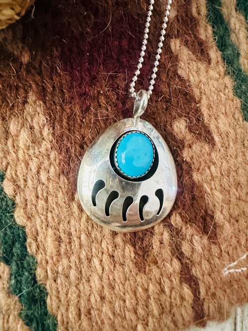 Old Pawn Navajo Turquoise & Sterling Silver Bear Paw Pendant