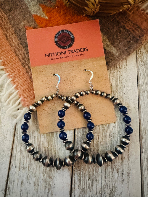 Navajo Lapis & Sterling Silver Pearl Beaded Dangle Hoop Earrings