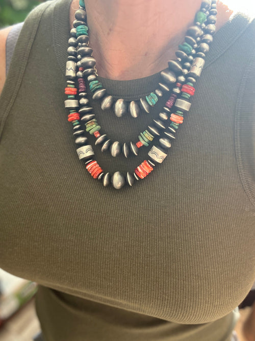 Rose Martin Sterling Silver, Turquoise and Spiny Oyster Single Strand Beaded Necklace, 18 + 1-1/2 inches
