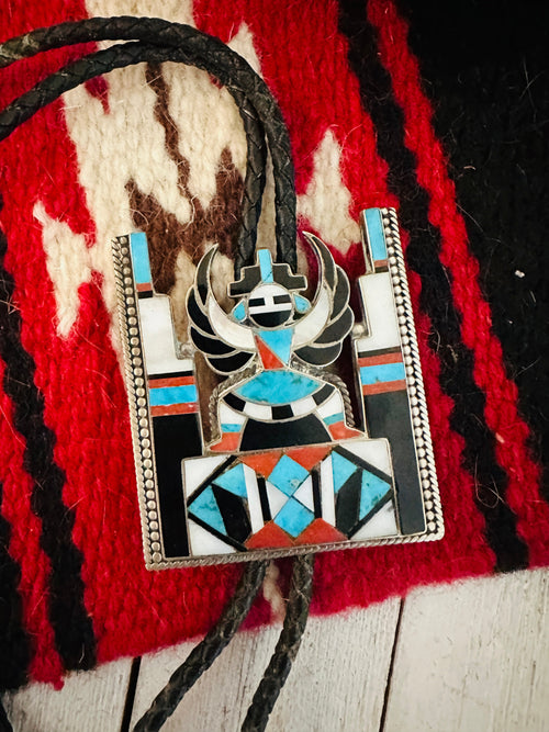 Vintage Old Pawn Zuni Multi Stone & Sterling Silver Inlay Knifewing Bolo Tie