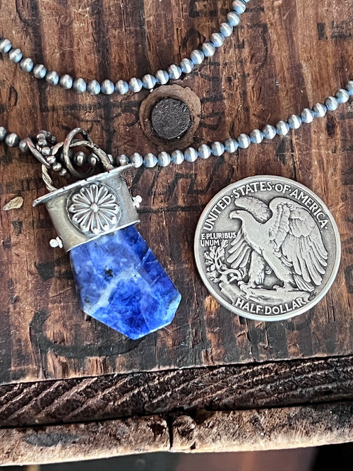 Sterling Silver Gem Collector 30” + 2” Beaded Necklace w/ Sodalite & Daisy Pendant