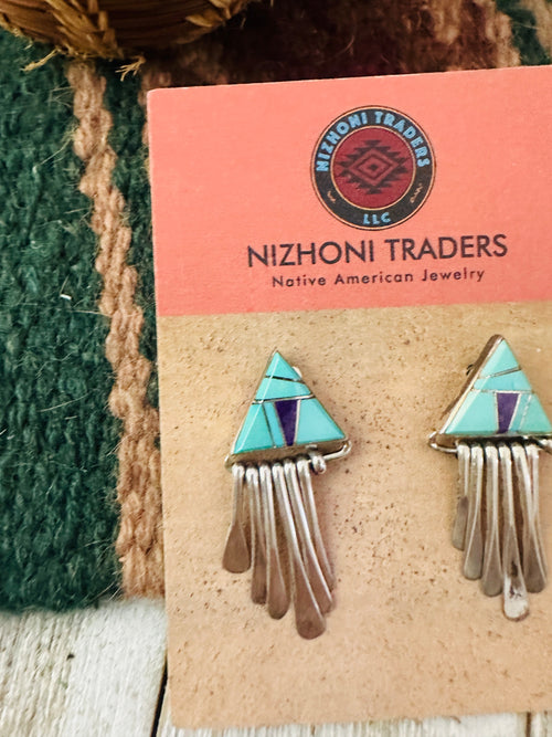 Old Pawn Navajo Sterling Silver, Turquoise & Charoite Inlay Dangle Earrings