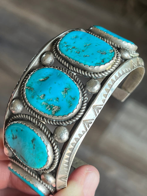 Old Pawn Navajo Sterling Silver and Natural Sleeping Beauty Turquoise Cuff Bracelet, Signed D