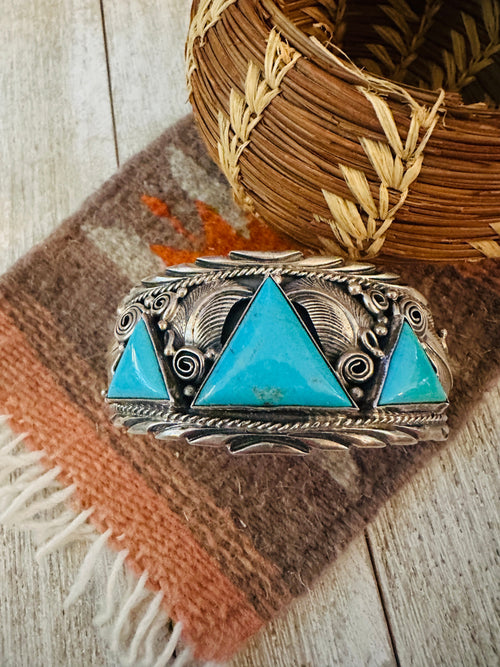 Old Pawn Navajo Turquoise & Sterling Silver Cuff Bracelet by Darrell Morgan