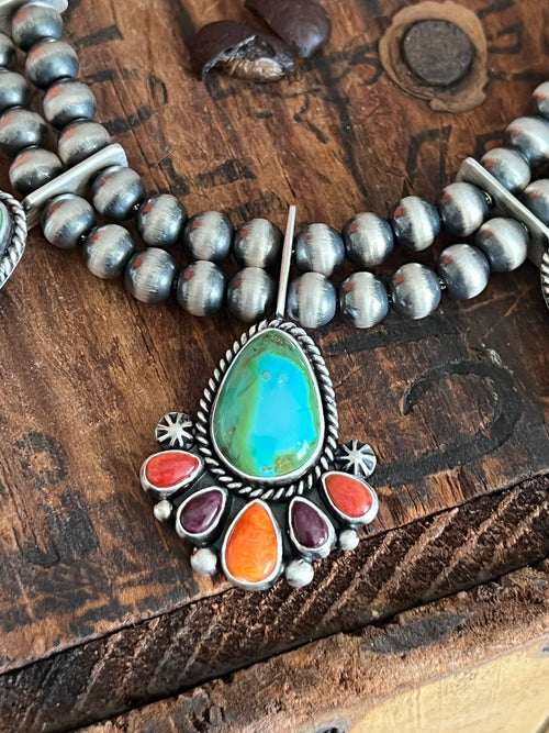 Navajo Made Sterling Silver Electric Rainbow Beaded Cluster Necklace & Earrings Set by Angela Martin