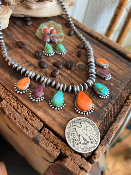 Navajo Made Sterling Silver Electric Rainbow Beaded Drop Charm Necklace & Earrings Set by Loretta Delgarito