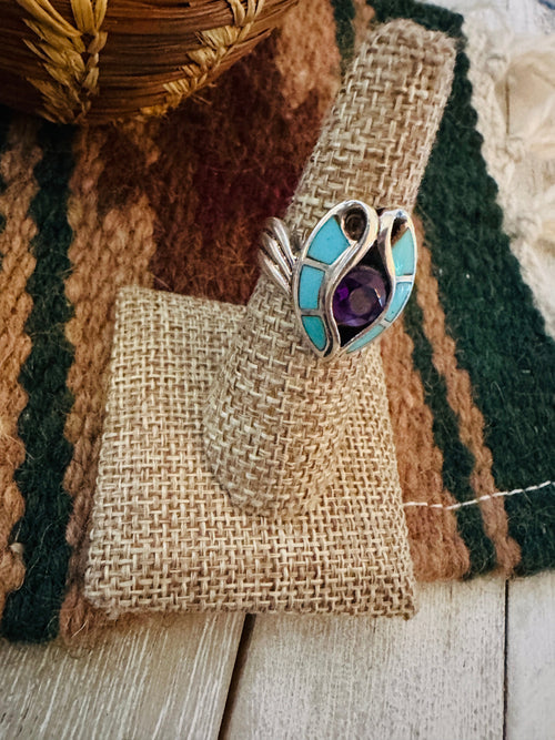 Old Pawn Handcrafted Turquoise, Amethyst & Sterling Silver Ring Size 7