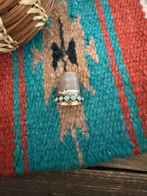 Handcrafted Vintage Old Pawn Sterling Silver and Turquoise Thimble