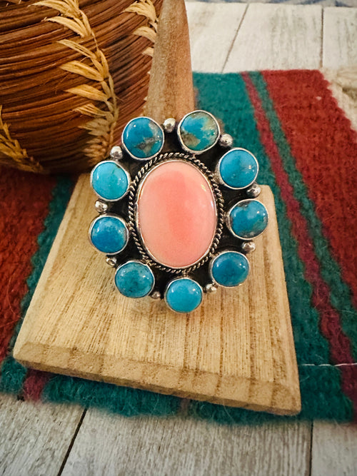 Navajo Sterling Silver, Queen Pink Conch & Turquoise Cluster Adjustable Ring