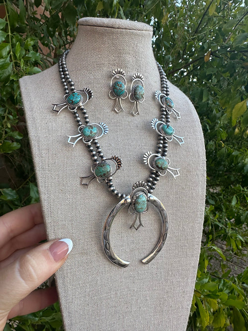 Handmade Sterling Silver, Number 8 Turquoise Squash Blossom Set