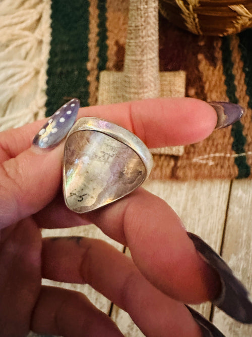 Old Pawn Handcrafted Turquoise, Coral & Sterling Silver Ring Size 8.75