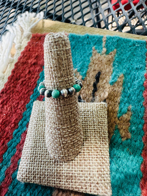 THE VENICE BAND Handmade Sterling Silver Navajo Pearl Style Turquoise Beaded Stretch Ring