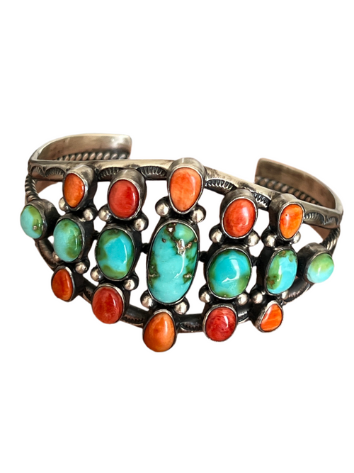 Navajo Hand Stamped Sterling Silver, Sonoran Turquoise and Spiny Oyster Shell Cluster Cuff Bracelet by Diane Wylie