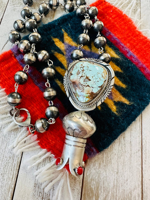 Navajo Sterling Silver, Turquoise & Coral Blossom Beaded Necklace