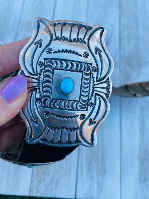 Vintage Navajo Black Leather And Sterling Silver Turquoise Concho Belt