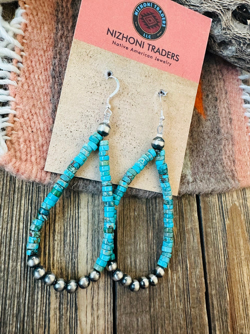 Navajo Turquoise & Sterling Silver Pearl Beaded Hoop Earrings