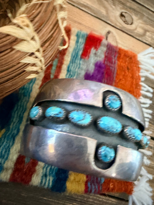 Handcrafted Old Pawn Sterling Silver & Turquoise Shadowbox Cross Cuff Bracelet