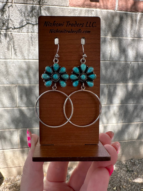 Handmade Turquoise & Sterling Silver Dangle Hoop Earrings Signed Nizhoni