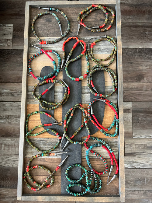 Navajo Hubei Turquoise Beaded Necklace with Sterling Silver and Bamboo Coral by Kirby Smith: 13 To Choose From!