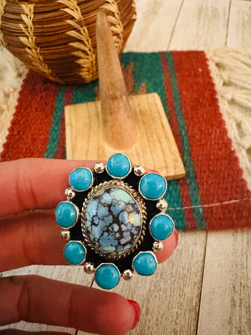 Navajo Sterling Silver & Turquoise Cluster Adjustable Ring