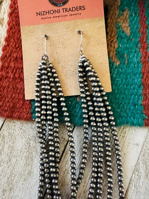 Navajo Sterling Silver Pearl Beaded Tassel Dangle Earrings