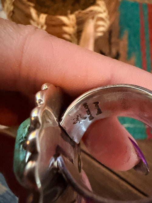 Old Pawn Handcrafted Turquoise & Sterling Silver Ring Size 9