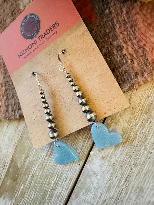 Summer Lovin’ Navajo Sterling Silver Pearl Beaded Opal Heart Dangle Earrings