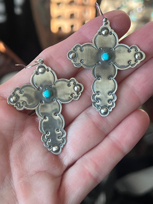 Hand Stamped Cloud Design Sterling Silver Cross Dangle Earrings with Kingman Turquoise by Kimari Somers
