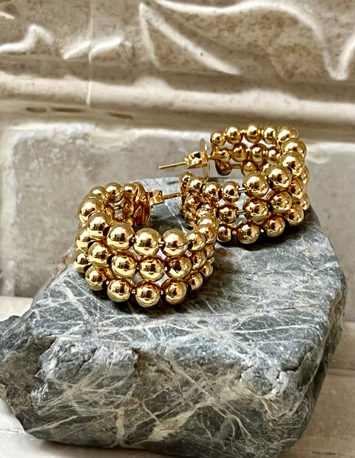 Triple Beaded Hoops 18k Gold-Plated