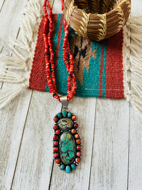 Navajo Sterling Silver, Spiny & Turquoise Cluster Beaded Necklace