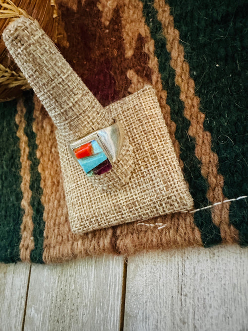 Old Pawn Handcrafted Multi Stone & Sterling Silver Inlay Ring Size 11