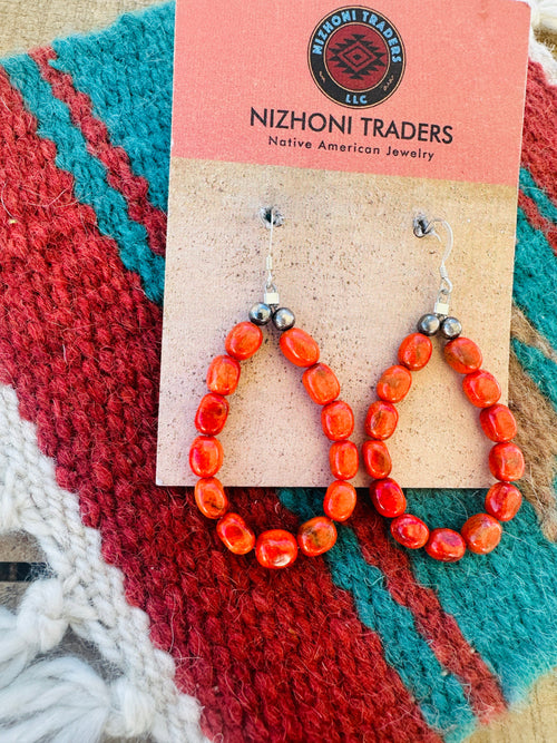 Navajo Sterling Silver Apple Coral Beaded Dangle Earrings