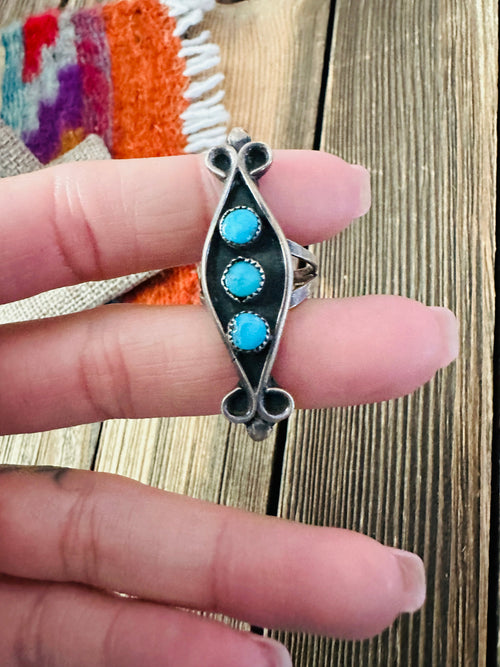 Old Pawn Handcrafted Turquoise & Sterling Silver Shadowbox Ring Size 4.5