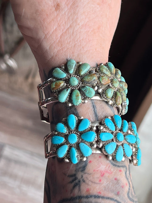 Old Pawn Navajo Sterling Silver and Mixed Turquoise Daisy Cluster Cuff Bracelet, Signed MA