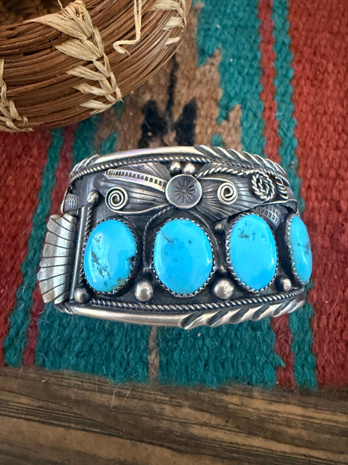 Handcrafted Old Pawn Sterling Silver & Turquoise Cuff Bracelet