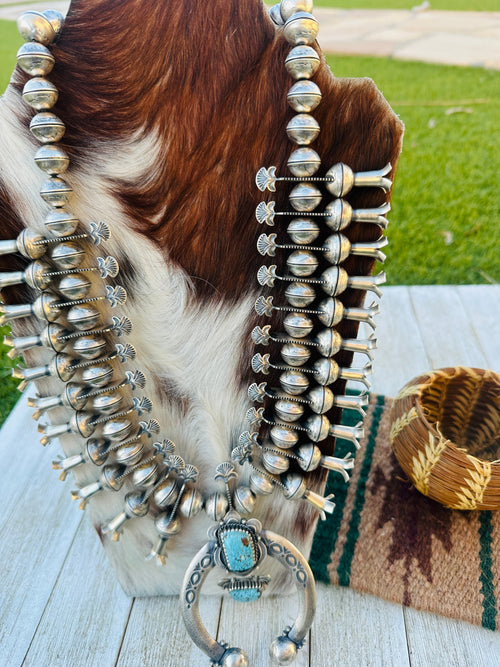 Handcrafted Vintage Old Pawn Turquoise & Sterling Silver Beaded Squash Blossom Necklace by James McCabe
