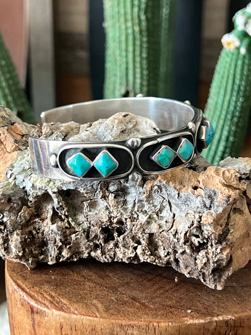 Vintage Zuni Sterling Silver and Four Diamond Turquoise Panel Stacker Cuff Bracelet