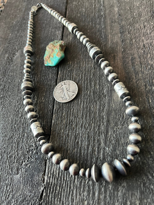Navajo Sterling Silver Single Strand Beaded Necklace by Rose Martin, 26 + 2 Inches