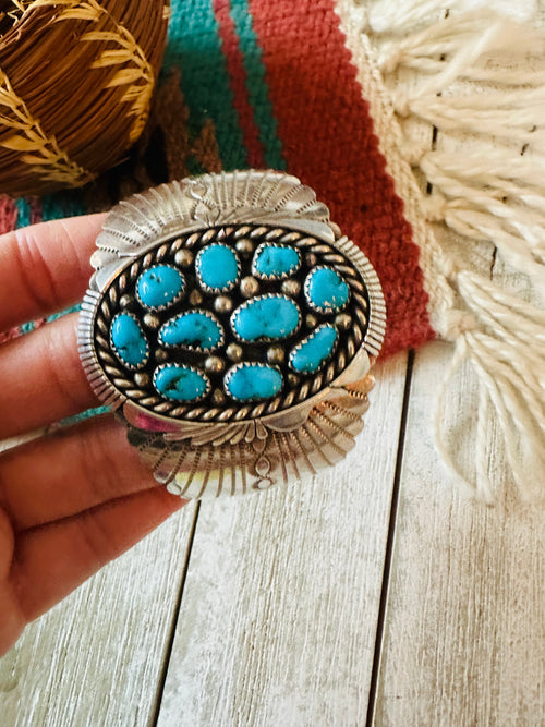 Old Pawn Navajo Sterling Silver & Turquoise Cluster Cuff Bracelet
