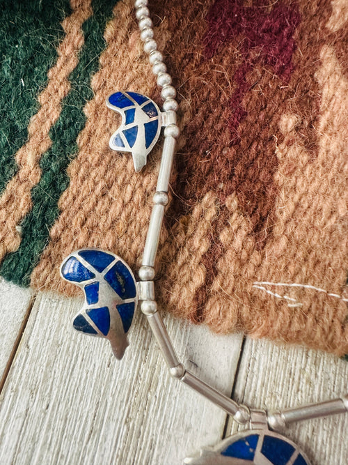 Vintage Old Pawn Navajo Sterling Silver & Lapis Fetish Bear Inlay Necklace
