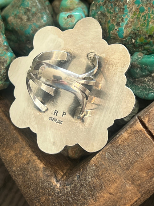 Apache Sterling Silver, Barber Quarter and Hubei Turquoise Cluster Ring by Rosella Paxson, Size 8