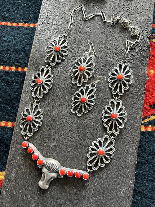 Handcrafted Sterling Silver and Mediterranean Coral Steer Head Concho Necklace & Earrings by Kevin Billah