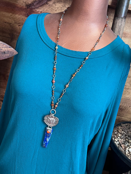 Tularosa Rosary Style Sterling Silver, Lapis Lazuli and Carnelian Ancient Owl Talisman Necklace