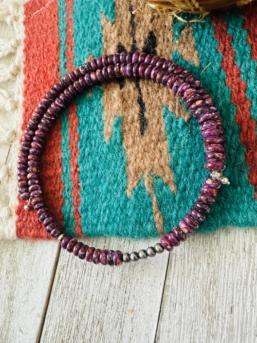 Navajo Purple Spiny & Sterling Silver Beaded Wrap Choker Necklace